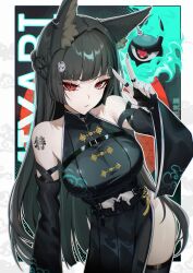 1girl alternate_costume animal_ears bare_shoulders black_dress black_hair black_thighhighs braid breasts character_name closed_mouth commentary cowboy_shot detached_sleeves dress english_commentary fingernails fox_ears fox_girl fox_hair_ornament half_up_braid highres hoshimi_miyabi large_breasts long_fingernails long_hair looking_at_viewer oni_kanzei red_eyes shoulder_tattoo side_slit solo tailless_(zenless_zone_zero) tattoo thighhighs w zenless_zone_zero