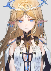 1girl absurdres bare_shoulders black_collar blonde_hair blue_eyes breasts cartethyia_(wuthering_waves) closed_mouth collar commentary_request crown_of_thorns earrings grey_background highres jewelry long_hair looking_at_viewer medium_breasts necklace okoge_(koge_chan) parted_bangs pointy_ears sidelocks simple_background smile solo tacet_mark_(wuthering_waves) twitter_username upper_body wuthering_waves