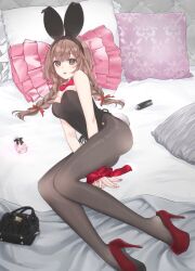 1girl alternate_costume animal_ear_hairband animal_ears bag black_leotard black_pantyhose bottle bow bowtie braid breasts brown_eyes brown_hair detached_collar fake_animal_ears full_body hairband kantai_collection large_breasts leotard long_hair looking_at_viewer lying mai_(maika_04) on_side pantyhose pillow playboy_bunny rabbit_ears rabbit_tail red_bow red_bowtie red_shoes shinshuu_maru_(kancolle) shoes side-tie_leotard solo strapless strapless_leotard tail twin_braids wrist_cuffs