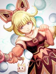 1girl blue_eyes breasts bubble capelet cat_charm commentary_request dress elbow_gloves eyelashes gloves green_hair holding lara_tchaikoskaya outstretched_arm pink_gloves small_breasts smile solo superhero_costume tiger_&amp;_bunny user_xtzt3743 white_capelet