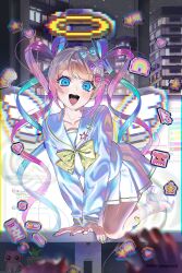 absurdres angel_wings blonde_hair blue_bow blue_eyes blue_serafuku blush bow building commentary_request crazy_smile cursor hair_bow hair_ornament halo highres holographic_clothing jio_000 livestream makeup miniskirt monitor multicolored_hair multicolored_nails multiple_hair_bows needy_girl_overdose night night_sky pale_skin pill pink_bow pixelated pov pov_hands purple_bow quad_tails school_uniform serafuku skirt sky smile thighs through_medium through_screen window window_(computing) wings yellow_bow