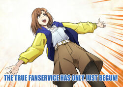 1girl belt black_pantyhose blue_jacket breasts brown_eyes brown_hair brown_shorts commentary cowboy_shot digimon digimon_liberator english_commentary english_text hood hooded_jacket iv_(yu-gi-oh!) jacket keyliom kinosaki_arisa medium_breasts open_clothes open_jacket outstretched_arms pantyhose shirt shorts solo spread_arms standing white_belt white_shirt yellow_jacket yu-gi-oh! yu-gi-oh!_zexal