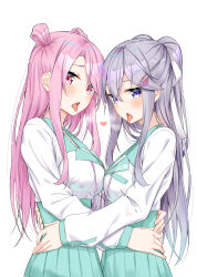 2girls absurdres after_kiss aqua_skirt arms_around_waist asymmetrical_docking blush breast_press breasts crossed_bangs from_side grey_hair hair_between_eyes hair_ornament hair_ribbon hair_rings hairclip heart highres jitome kamagaya_momoka kamikakushi_no_eden large_breasts long_hair long_sidelocks long_sleeves medium_breasts multiple_girls open_mouth parted_bangs pink_eyes pink_hair pleated_skirt purple_eyes raised_inner_eyebrows ribbon sahara386 saliva saliva_trail school_uniform shiroi_shizuku shirt sidelocks simple_background skirt standing steam straight_hair tongue tongue_out two_side_up upper_body white_background white_ribbon white_shirt yuri