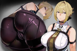 1girl arm_strap ass bakkanki black_bow black_choker black_pants blonde_hair bow breasts chest_harness choker closed_mouth collared_shirt evelyn_chevalier hair_bow harness highres large_breasts looking_at_viewer pants purple_eyes shirt short_hair solo thigh_strap white_shirt zenless_zone_zero