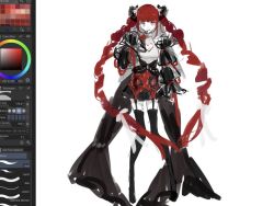 1girl art_program_in_frame black_cape black_corset black_thighhighs blunt_bangs braid cape cleavage_cutout clothing_cutout corset curled_horns detached_sleeves dress halterneck hand_on_own_chin heart_cutout horns looking_at_viewer original outstretched_hand puffy_sleeves red_dress red_hair short_dress sidelocks simple_background sketch smile solo thighhighs twin_braids white_background yellow_eyes yoimon