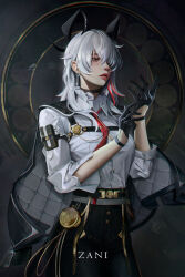 Rule 34 | 1girl, absurdres, arm pouch, black choker, black gloves, black horns, black jacket, black pants, black pouch, breasts, button gap, character name, chest harness, choker, chromatic aberration, collared shirt, commentary, cowboy shot, curled horns, earrings, gloves, half gloves, harness, highres, horns, jacket, jacket on shoulders, jewelry, key earrings, long hair, looking ahead, medium breasts, multicolored hair, necktie, nervi fd, pants, parted lips, red eyes, red necktie, shirt, sleeves rolled up, solo, streaked hair, white hair, white shirt, wuthering waves, zani (wuthering waves)