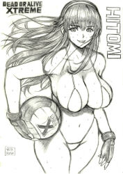 ball bikini breasts dead_or_alive dead_or_alive_xtreme fingerless_gloves gloves hairband hitomi_(doa) large_breasts long_hair monochrome skidrow smile swimsuit volleyball_(object)