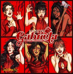 6+girls artist_name axe black_hair blood blood_on_face brown_hair commentary copyright_name daniela_(katseye) dark_skin dress earrings english_commentary english_text highres holding jewelry jiratch_air katseye lara_(katseye) logo long_hair manon_(katseye) megan_(katseye) multiple_girls open_mouth red_dress red_nails red_shirt red_theme shirt smile sophia_(katseye) yoonchae_(katseye)