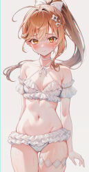 Rule 34 | 1girl, absurdres, ahoge, arm garter, bare shoulders, bikini, black survival, blush, bow, breasts, choker, commentary, cowboy shot, criss-cross halter, embarrassed, eternal return: black survival, frilled bikini, frills, gluteal fold, gyogyog, hair bow, halterneck, highres, long hair, looking at viewer, navel, nose blush, orange eyes, orange hair, ponytail, simple background, skindentation, small breasts, solo, stomach, string bikini, sweat, swimsuit, symbol-only commentary, thigh gap, thigh strap, thighs, tia (black survival), white background, white bikini, white choker