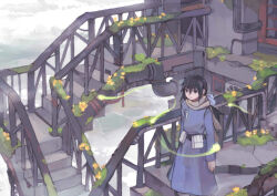 1girl belt belt_pouch black_eyes black_hair coat dlkdhy dress flower hair_between_eyes industrial_pipe long_sleeves original outdoors pouch ruins scarf scenery short_hair solo stairs standing
