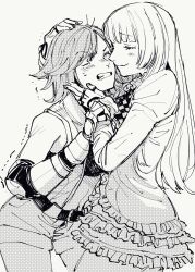 2girls blonde_hair blunt_bangs blush boots closed_eyes eye_contact fingerless_gloves gloves greyscale hand_guard highres hime_cut hug kazama_asuka knee_boots lili_(tekken) long_hair looking_at_another monochrome multiple_girls oosawa_yayoi shorts simple_background smile sweatdrop tekken tekken_5 yuri