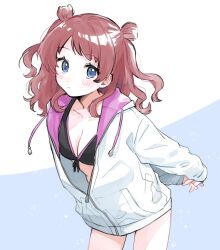 Rule 34 | 1girl, arms behind back, bikini, black bikini, blue eyes, blush, breasts, cleavage, closed mouth, collarbone, commentary request, gakuen idolmaster, hair bun, hanami saki, highres, idolmaster, interlocked fingers, jacket, jacket over swimsuit, jacket partially removed, kimi to semi blue (idolmaster), long hair, long sleeves, looking at viewer, medium breasts, own hands together, red hair, solo, swimsuit, two-sided fabric, two-sided jacket, two-tone background, two side up, white jacket, yasushi (yssm8)