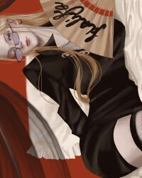 1girl black_dress blonde_hair dress earrings eyelashes fishnet_thighhighs fishnets glasses hand_fan highres holding holding_fan jewelry kalifa_(one_piece) long_hair long_sleeves lying on_side one_eye_closed one_piece pearl_earrings red_lips rihirihi613 solo thighhighs