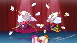 Rule 34 | 1boy, 1girl, anniversary, barobakuoikawa, cape, closed eyes, curtains, fangs, green cape, holding hands, horns, kirby: triple deluxe, kirby (series), nintendo, old friend (kirby), open mouth, queen sectonia, rayman limbs, red scarf, scarf, stage curtains, taranza, white hair