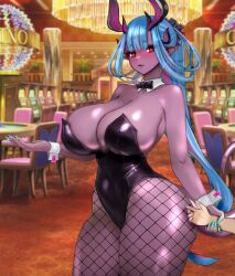 1girl absurdres bare_shoulders black_leotard blue_hair blush bow bowtie breasts casino cleavage colored_skin covered_navel detached_collar fate/grand_order fate_(series) fishnet_pantyhose fishnets highleg highleg_leotard highres horns ibuki_douji_(fate) ibuki_douji_(swimsuit_berserker)_(fate) ibuki_douji_(swimsuit_berserker)_(first_ascension)_(fate) large_breasts leotard long_hair looking_at_viewer multicolored_hair oni pantyhose pink_hair pointy_ears ponytail purple_skin raskasar red_eyes sidelocks solo_focus tail thighs wrist_cuffs