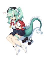 1girl absurdres ahoge anger_vein backpack bad_source bag beret black_choker black_skirt bow choker collared_shirt crime_prevention_buzzer dragon_girl dragon_horns dragon_tail eastern_dragon_tail full_body green_eyes green_hair hat highres horns leg_ribbon long_hair looking_at_viewer open_mouth original pleated_skirt pointy_ears pom_pom_(clothes) randoseru red_ribbon ribbon school_uniform shirt shoes short_sleeves side_ponytail simple_background sitting skirt socks solo suspenders tail ulrica.h unworn_shoes white_background white_shirt white_socks