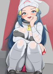 1girl :d absurdres against_wall beanie blue_eyes bodysuit breasts covered_erect_nipples dawn_(pokemon) female_focus game_freak grey_bodysuit hair_ornament hat highres holding holding_poke_ball knees_up large_breasts long_hair looking_at_viewer matching_hair/eyes naughty_face nintendo open_mouth panties pantyshot poke_ball poke_ball_(basic) pokemon pokemon_dppt power_of_skb red_panties sidelocks sitting smile solo team_galactic team_galactic_uniform teeth two-tone_bodysuit underwear upper_teeth_only upskirt white_hat