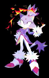 1girl 1m_0_animeweeb black_background blaze_the_cat cat_girl cat_tail coat eyelashes fire forehead_jewel full_body furry furry_female gloves hand_on_own_hip hashtag-only_commentary high_heels highres index_finger_raised long_sleeves pants parted_lips purple_coat purple_fur pyrokinesis solo sonic_(series) tail white_gloves white_pants