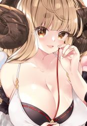 1girl 218 :d anila_(granblue_fantasy) bare_shoulders bikini black_bikini breasts brown_hair cleavage collarbone commentary_request curled_horns draph granblue_fantasy hand_up holding horns large_breasts long_hair looking_at_viewer open_mouth ribbon-trimmed_bikini ribbon_trim sheep_horns short_eyebrows smile solo swimsuit thick_eyebrows upper_body