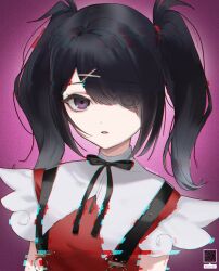 Rule 34 | 1girl, absurdres, ame-chan (needy girl overdose), black hair, black ribbon, chromatic aberration, collared shirt, commentary, eyes visible through hair, glitch, hair ornament, hair over one eye, highres, korean commentary, long hair, looking at viewer, neck ribbon, needy girl overdose, ogye 01, open mouth, purple background, purple eyes, qr code, red shirt, ribbon, shirt, solo, suspenders, twintails, twitter username, upper body, x hair ornament