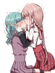 2girls blush braid closed_mouth futaba_sana highres hime_cut hug kamihama_university_affiliated_school_uniform kiss long_hair magia_record:_mahou_shoujo_madoka_magica_gaiden mahou_shoujo_madoka_magica mizuna_girls&#039;_academy_school_uniform multiple_girls pink_hair sakaemdg school_uniform tamaki_iroha thighhighs tongue twintails yuri