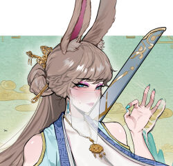 1girl animal_ears b.sa_(bbbs) bad_tag blue_eyes blush breasts brown_hair earrings fingernails hair_bun hair_ornament highres jewelry long_hair makeup necklace original rabbit_ears rabbit_girl see-through_clothes solo sweatdrop sword upper_body weapon
