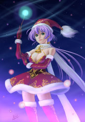 1girl bell boots breasts cleavage elbow_gloves female_focus gloves green_eyes hat large_breasts mcq original purple_hair santa_costume santa_hat scarf solo thigh_boots thighhighs