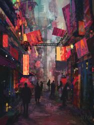 Rule 34 | 6+others, alley, blurry, building, city, clothesline, depth of field, dkaism, entrance, from behind, limited palette, multiple others, original, painterly, people, sign, silhouette, skyscraper, walking, walkway