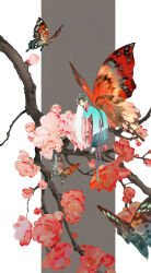 1girl branch butterfly_wings chinese_clothes fairy fengguan flower full_body hanfu harem_pants highres ibuki_satsuki insect_wings mini_person minigirl original pants plum_blossoms sleeves_past_fingers sleeves_past_wrists solo tiptoes wings
