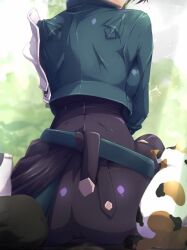 Rule 34 | 1girl, animal, aqua belt, aqua jacket, armor, ass, ass focus, belt, black hair, black pants, breasts, cat, commentary request, cropped jacket, fire emblem, fire emblem: three houses, from behind, hashtag-only commentary, jacket, large breasts, long sleeves, nintendo, pants, pauldrons, shamir nevrand, shoulder armor, single pauldron, yanmarson