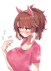 1girl absurdres animal_ears blush breasts brown_hair closed_mouth commentary_request dantsu_flame_(umamusume) ear_covers gryebooks highres horse_ears horse_girl hot large_breasts multicolored_hair red_shirt shirt short_hair short_sleeves simple_background solo steaming_body two-tone_hair umamusume upper_body white_background white_hair yellow_eyes