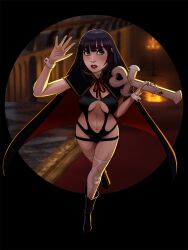 Rule 34 | 1girl, arm up, bikini, blue eyes, blush, boots, breasts, cape, cleavage, highres, large breasts, legs, long hair, looking at viewer, nakoruru, navel, parted lips, purple hair, red lips, samurai spirits, snk, snk heroines: tag team frenzy, swimsuit, teeth, the king of fighters, thighs, underboob, vampire costume, walking, weapon, wide hips