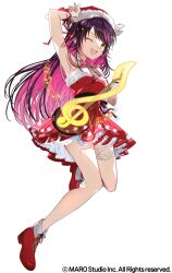1girl armpits black_hair bow bowtie breasts colored_inner_hair dress fur-trimmed_dress fur-trimmed_headwear fur_trim hand_up hat highres holding holding_instrument instrument leg_ribbon multicolored_hair musical_note one_eye_closed open_mouth penelope_wiseman pink_hair pom_pom_(clothes) red_bow red_bowtie red_dress red_ribbon red_shoes ribbon santa_hat sesekawa_nako shoes solo thigh_ribbon v&amp;u_entertainment virtual_youtuber white_background white_ribbon wrist_ribbon yellow_eyes
