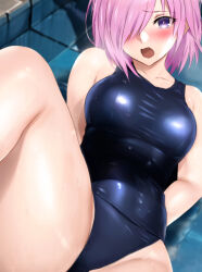 :o black_one-piece_swimsuit blush breasts collarbone fate/grand_order fate_(series) hair_over_one_eye large_breasts looking_at_viewer lying mash_kyrielight on_back one-piece_swimsuit open_mouth pool purple_eyes purple_hair school_swimsuit shiny_skin short_hair skin_tight swimsuit water wet yadokari_genpachirou