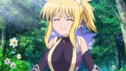 Rule 34 | 1girl, animal ears, animated, animated gif, armor, blonde hair, bouncing breasts, breasts, dog days, fingerless gloves, fox ears, gloves, green eyes, japanese armor, japanese clothes, no bra, surprised, yukikaze panettone