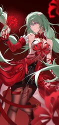 1girl absurdres bandage_over_one_eye bandaged_arm bandages bare_shoulders black_skirt blurry blurry_foreground braid breasts chinese_commentary commentary depth_of_field detached_sleeves dress english_commentary flower grey_hair highres holding holding_flower long_hair low_twin_braids medium_breasts mixed-language_commentary multilingual_commentary pantyhose parted_lips phrolova_(wuthering_waves) red_dress red_pantyhose rena_(rena_emc2) single_detached_sleeve skirt solo spider_lily tacet_mark_(wuthering_waves) twin_braids very_long_hair wuthering_waves