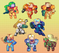 aiming arm_cannon blonde_hair chibi fusion_suit glowing green_hair hair_slicked_back highres hoshizora_lone light_suit_(metroid) long_hair metroid metroid_(classic) metroid_dread metroid_fusion metroid_prime metroid_prime_1 metroid_prime_2:_echoes metroid_prime_3:_corruption metroid_suit multiple_persona nintendo normal_suit_(metroid) official_alternate_costume ped_suit ponytail power_suit power_suit_(metroid) samus_aran standing super_metroid varia_suit weapon