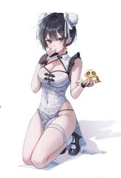 1girl :t absurdres bare_shoulders black_gloves black_hair black_shoes breasts bun_cover china_dress chinese_clothes cleavage cleavage_cutout clothing_cutout covered_navel double_bun dress ear_piercing eating fingerless_gloves food frilled_dress frills gloves hair_bun hair_ornament hair_ribbon hairclip hand_up highres holding holding_plate kneeling large_breasts looking_at_viewer mary_janes mole mole_on_breast mole_under_eye myowa original panty_straps pelvic_curtain piercing plate purple_eyes ribbon shoes short_hair simple_background sleeveless sleeveless_dress socks solo spaghetti_strap steamed_bun sweat thigh_strap thighs white_background white_dress white_socks