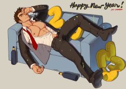 Rule 34 | 1boy, abs, absurdres, artist name, bara, brown hair, closed eyes, couch, highres, large pectorals, looking at viewer, lying, manly, mature male, mondoart, muscular, muscular male, necktie, nipples, non-web source, open clothes, open shirt, original, pectorals, raeyr (mondo), shirt, short hair, solo, spiked hair, thick eyebrows, white shirt