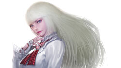 Rule 34 | 1girl, blonde hair, blue eyes, blunt bangs, commentary, emilie de rochefort, english commentary, fingerless gloves, gloves, highres, hime cut, long hair, roke (sion), simple background, solo, tekken, white background