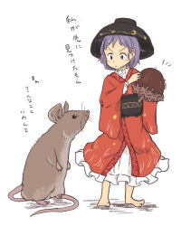 1girl :&lt; acorn animal barefoot bowl chii-kun_(seedyoulater) closed_mouth commentary_request dress frills full_body highres japanese_clothes long_sleeves looking_at_animal mini_person minigirl mouse_(animal) obi object_on_head one-hour_drawing_challenge purple_hair red_dress sash short_hair simple_background standing sukuna_shinmyoumaru touhou translated whiskers white_background wide_sleeves