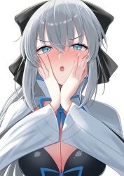 1girl absurdres black_bow blue_eyes blush bow fate/grand_order fate_(series) hair_between_eyes hair_bow highres looking_at_viewer morgan_le_fay_(fate) morgan_le_fay_(first_ascension)_(fate) nigori_(keydoor) simple_background solo white_hair