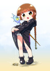 1girl black_dress black_shoes blush_stickers braid brown_eyes brown_hair dress full_body furrowed_brow highres himehachi_(hime8manga) hood hood_down hooded_dress kukuri_(mahoujin_guruguru) legs_apart long_hair long_sleeves mahoujin_guruguru open_mouth panties shoes solo staff standing twin_braids underwear water wet wet_clothes wet_dress white_panties wringing_clothes wringing_dress