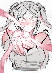 1girl @_@ absurdres artist_name blush breasts cleavage constricted_pupils crazy_eyes female_robin_(fire_emblem) fire_emblem fire_emblem_awakening highres incoming_attack large_breasts long_hair looking_at_viewer magic monochrome nervous nintendo open_mouth panicking red_eyes sketch solo sweat traditional_media twintails wide-eyed