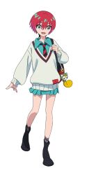 1girl amate_yuzuriha aqua_eyes bag boots dress full_body gundam gundam_gquuuuuux hair_between_eyes highres necktie official_art open_mouth pleated_dress red_hair school_uniform short_hair solo sweater transparent_background