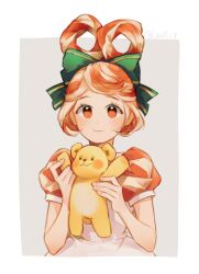 Rule 34 | 1girl, blonde hair, border, bow, closed mouth, cookie run, do8ri7, dress, flipped bangs, green bow, grey background, hair bow, hair rings, hands up, highres, holding, holding stuffed toy, humanization, light smile, lollipop cookie, multicolored hair, orange eyes, orange hair, orange sleeves, outside border, puffy short sleeves, puffy sleeves, short sleeves, solo, streaked hair, stuffed animal, stuffed toy, teddy bear, two-handed, two-tone hair, two-tone sleeves, upper body, waving another&#039;s arm, white border, white dress, white sleeves