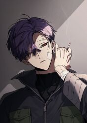 Rule 34 | 1boy, bandage on face, bandaged arm, bandages, black jacket, cigarette, facing viewer, hair over one eye, hand on own neck, head tilt, highres, holding, holding cigarette, hoshina soshiro, jacket, kaijuu no. 8, kitsune (ly howe), long sleeves, male focus, one eye closed, open mouth, purple hair, red eyes, short hair, solo, turtleneck, upper body