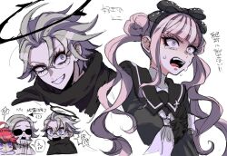 !? 1girl 2boys 2ybnb9agfd2867 ahoge aotsuki_eito armband black_bow black_cape black_hairband black_halo black_sailor_collar black_serafuku blue_eyes bow cape cropped_torso crying crying_with_eyes_open double_bun dual_persona evil_grin evil_smile eyelashes eyeliner glasses grey_eyes grey_hair grin hair_bun hairband halo highres hood hoodie jacket last_defense_academy_school_uniform long_hair looking_at_viewer makeup male_focus multicolored_hair multiple_boys multiple_views neckerchief official_alternate_hairstyle pink_eyes pink_hair red_eyeliner red_hair sailor_collar school_uniform serafuku short_hair sketch smile speech_bubble streaked_hair sumino_takumi sunglasses sweatdrop tears the_hundred_line_-last_defense_academy- tsukumo_kako twintails white_hoodie white_jacket