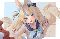 1girl animal_ear_fluff animal_ears bare_arms bare_shoulders blonde_hair blue_bow blue_collar blue_eyes blue_nails blush bow cat_ears cat_girl collar hair_bow highres indie_virtual_youtuber long_hair looking_at_viewer nononae one_side_up open_mouth sameko_saba shirt sleeveless sleeveless_shirt solo stuffed_animal stuffed_toy upper_body v white_shirt