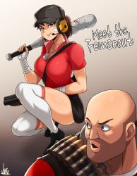 1boy 1girl asymmetrical_dual_wielding bandaged_hand bandages bandaid bandaid_on_face bandolier baseball_bat belt between_breasts black_skirt blood bloody_weapon blue_eyes breasts brown_hair dog_tags double-barreled_shotgun dual_wielding facial_hair genderswap genderswap_(mtf) gun headset heavy_(tf2) highres holding holding_baseball_bat jmg large_breasts multiple-barrel_gun over-kneehighs polo_shirt ponytail popped_collar red_heavy_(tf2) red_scout_(tf2) sawed-off_shotgun scout_(tf2) shoes short_ponytail shotgun side-by-side-barreled_shotgun skirt sneakers solo_focus squatting strap_between_breasts stubble team_fortress_2 thighhighs weapon white_thighhighs